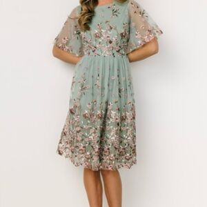 Embroidered Floral Tulle Dress in Sage Green